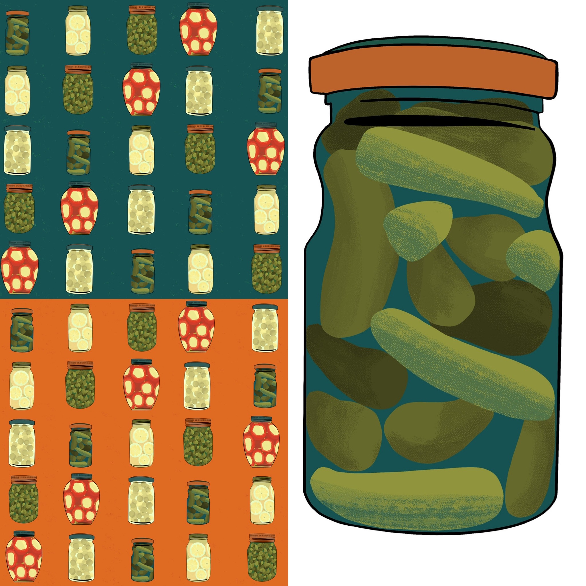 Pattern Design in orange and teal featuring pickles by Eleanore Ditchburn.