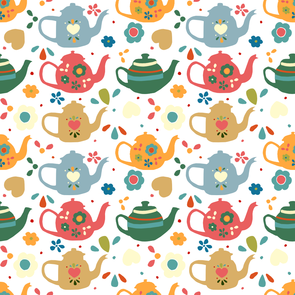 Folksy Tea Time surface pattern design featuring teapots by Eleanore Ditchburn.